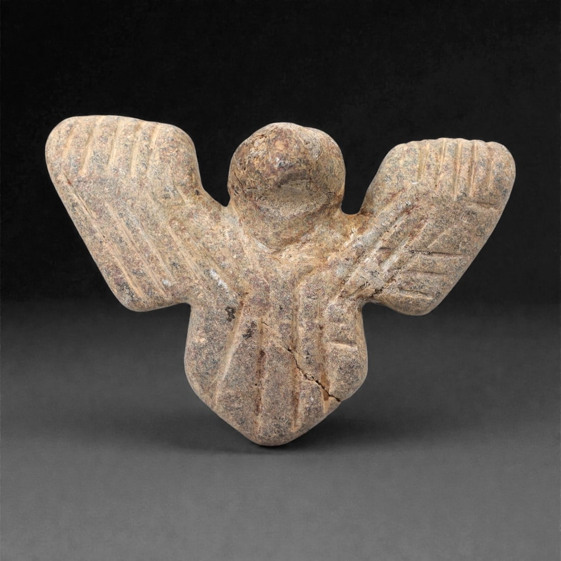 An Ancient Near Eastern Schist Vulture Amulet, 3rd-1st Millennium BCE, 70FL: Carved from greyish-brown schist with natural mineral inclusions and surface encrustation, the amulet depicts a vulture in a stylized, symmetrical form. The head is rounded with a prominent beak, whil
