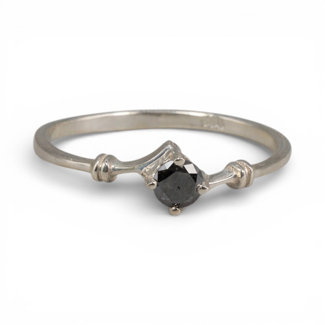 Sterling Silver (925) Ring with Black Diamond - Size 6.75 US, 117A: This elegant ring is crafted from polished sterling silver, featuring a slender band with distinctive double-bulge details on either side of the center setting. The design centers on a single, round-c