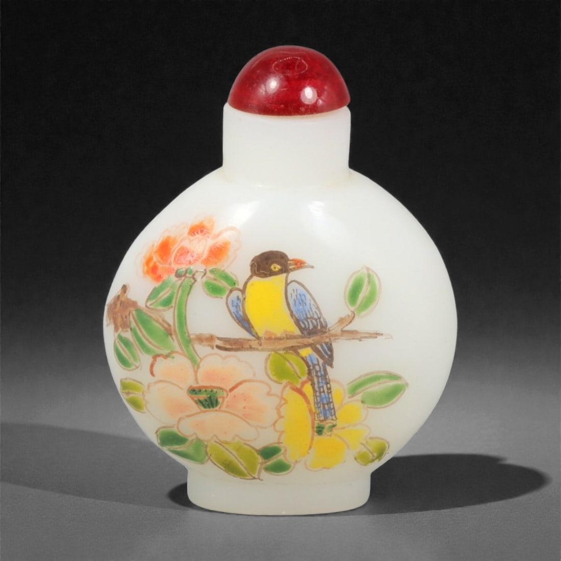A Chinese Glass Painted Snuff Bottle, 20th Century, 13YC: The bottle is formed of translucent white glass and potted with a flattened globular body rising from a short circular foot to a cylindrical neck with a recessed mouth, fitted with a red glass stopper