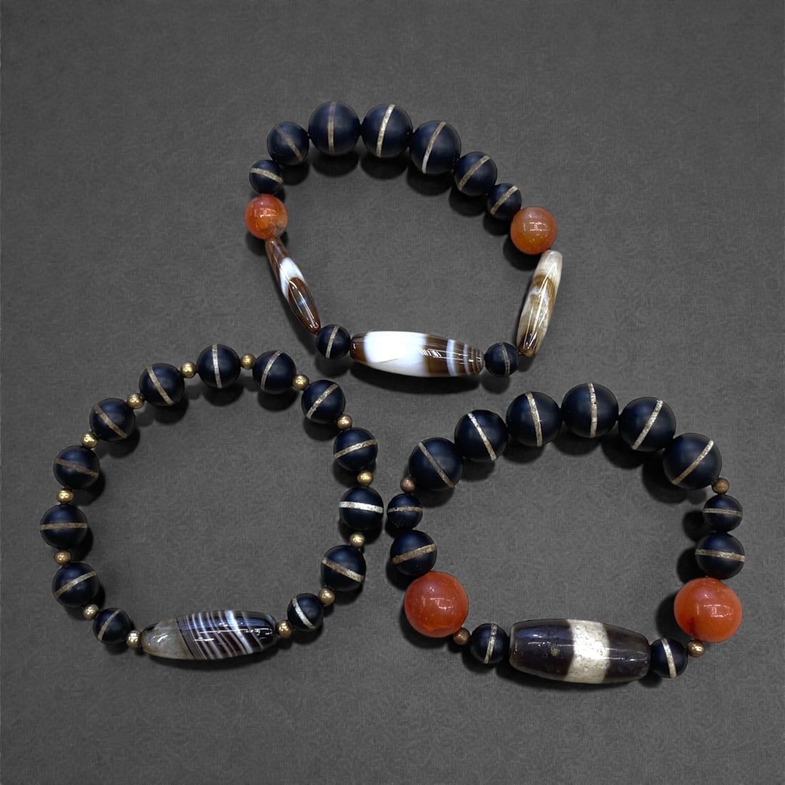 A Group of Three Banded Agate and Carnelian Beaded Bracelets, 83g, 74AA (1 of 1)