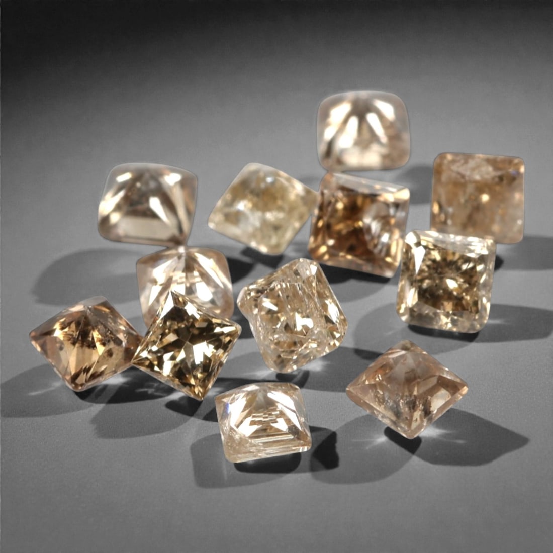0.58ct 12 Pieces Champagne Diamond Parcel - Princess Cut, 209A: This elegant parcel of 12 loose champagne diamond gems captivates with a warm, honeyed hue that evokes the richness of aged champagne and the glow of liquid sunlight. Each stone is cut in a well-propo