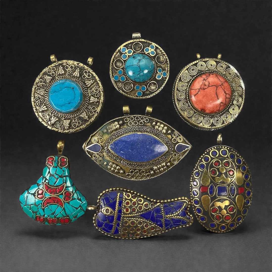 A Group of Seven Himalayan Gilt-Metal and Stone-Inset Pendants, 20th Century, 4XJ (1 of 2)