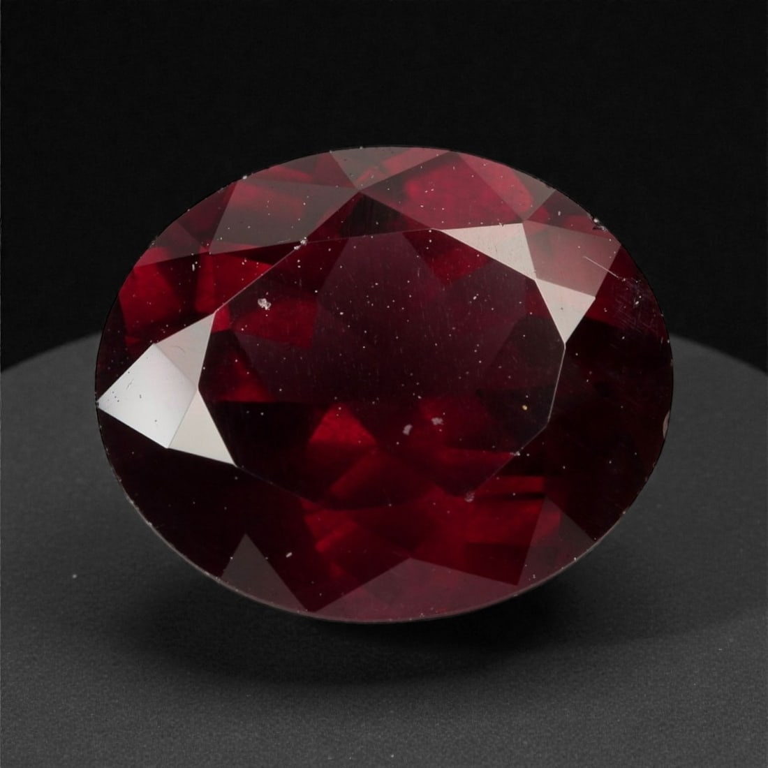 5.96 Carats Deep Red Garnet - Natural Mozambique - 12.1x10.1x6.0mm, 73WC: This bold oval-cut garnet glows with a velvety crimson tone, offering rich depth and an alluring play of burgundy and wine-red flashes. The gem's saturated body color and symmetrical faceting create a