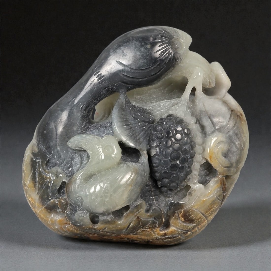 A Chinese Hetian Nephrite Jade Carving of Birds and Grapes, 20th Century, 22FD (1 of 2)