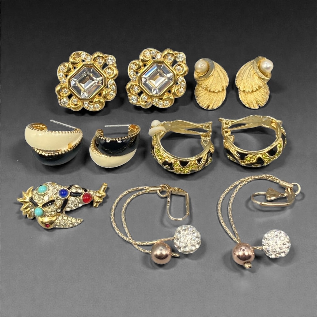 An Estate Lot of Five Pairs of Earrings and One Brooch, Late 20th Century, 49ZF (1 of 1)
