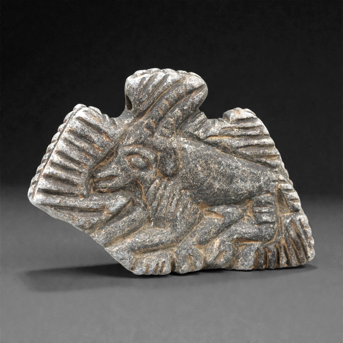 An Ancient Mesopotamian Schist Zoomorphic Amulet, 3rd-1st Millennium BCE, 75FL: Carved from dark grey schist with light grey surface encrustation, the amulet depicts a winged quadrupedal creature in a recumbent pose. The creature has a prominent snout, recessed eyes, and raised e