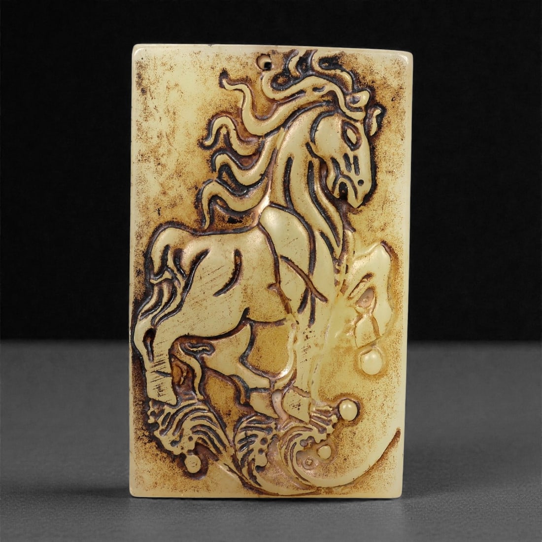 Chinese Jade Horse Pendant - Zodiac Relief Carving 7cm, 98ZD: Carved from pale celadon to cream-toned jade with soft translucency, this rectangular pendant is worked in relief to depict a rearing horse. The figure is rendered with an elongated neck, flowing mane