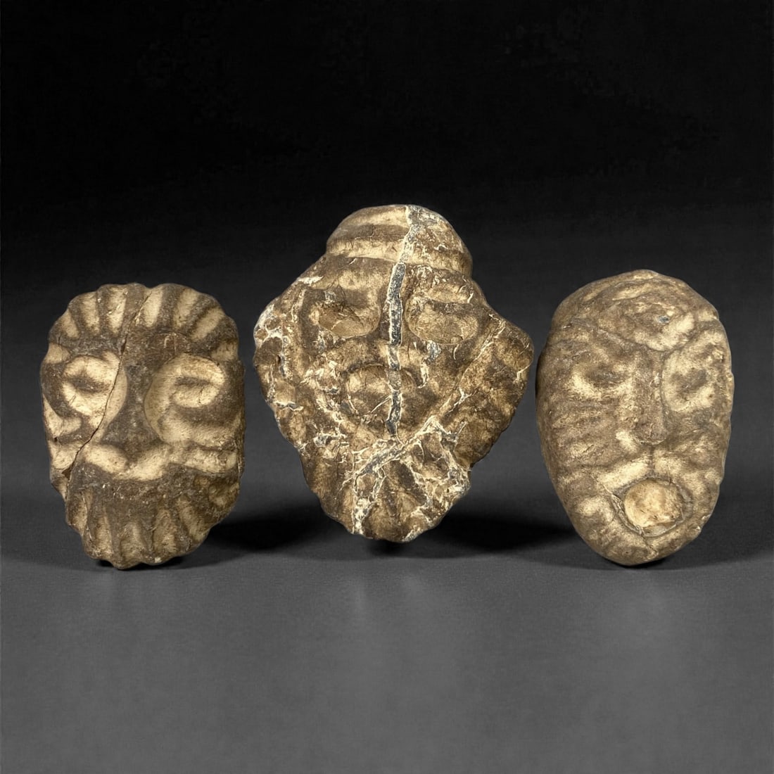 A Group of Three Ancient Stone Maskettes, 1st Millennium BCE, 78FM: Comprising three stone maskettes, each formed from light brown to beige stone with visible surface fissures and tonal variation. The leftmost maskette features a stylized face with radiating linear de
