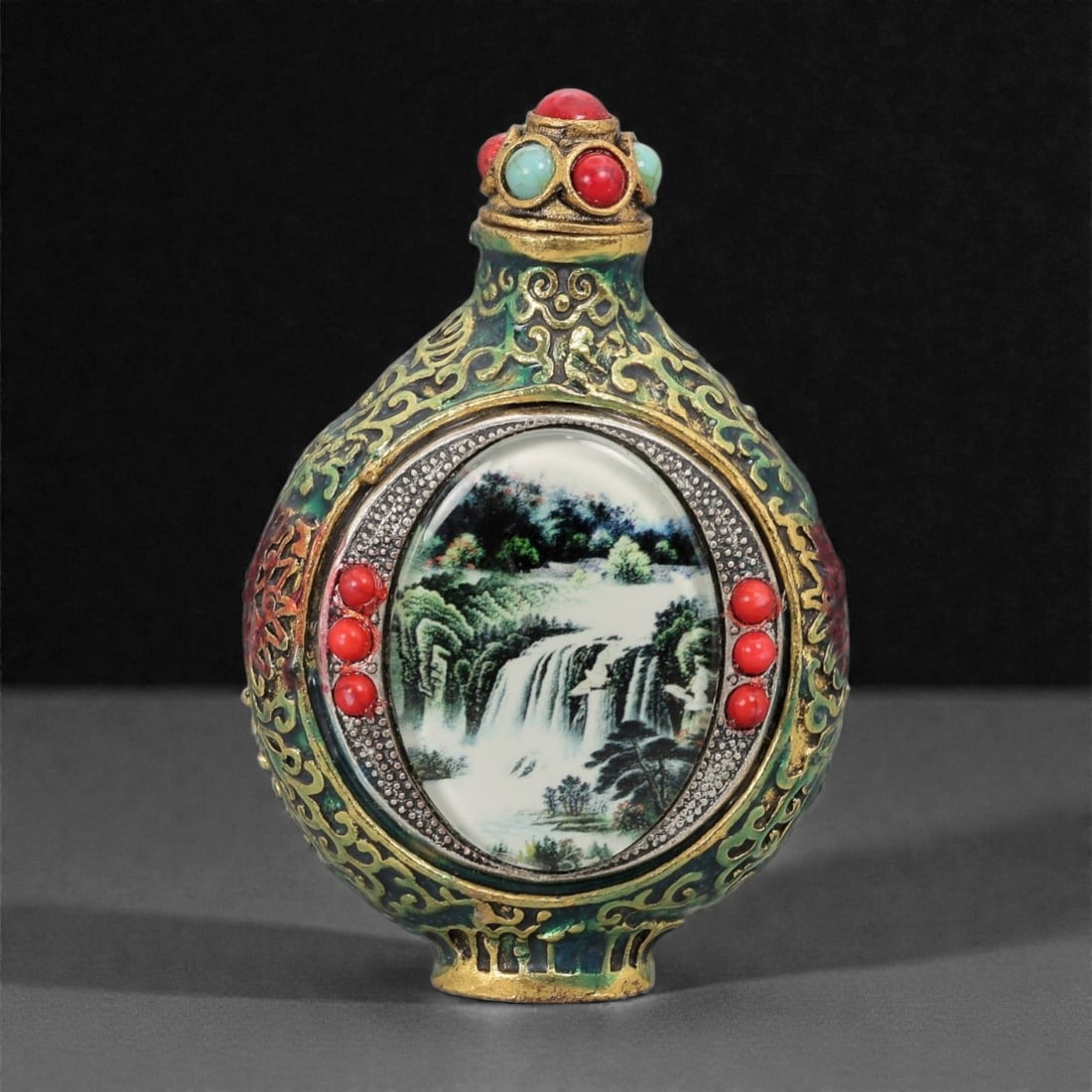 A Chinese Brass-Mounted Snuff Bottle with Landscape Insert, 20th Century, 27FG (1 of 2)