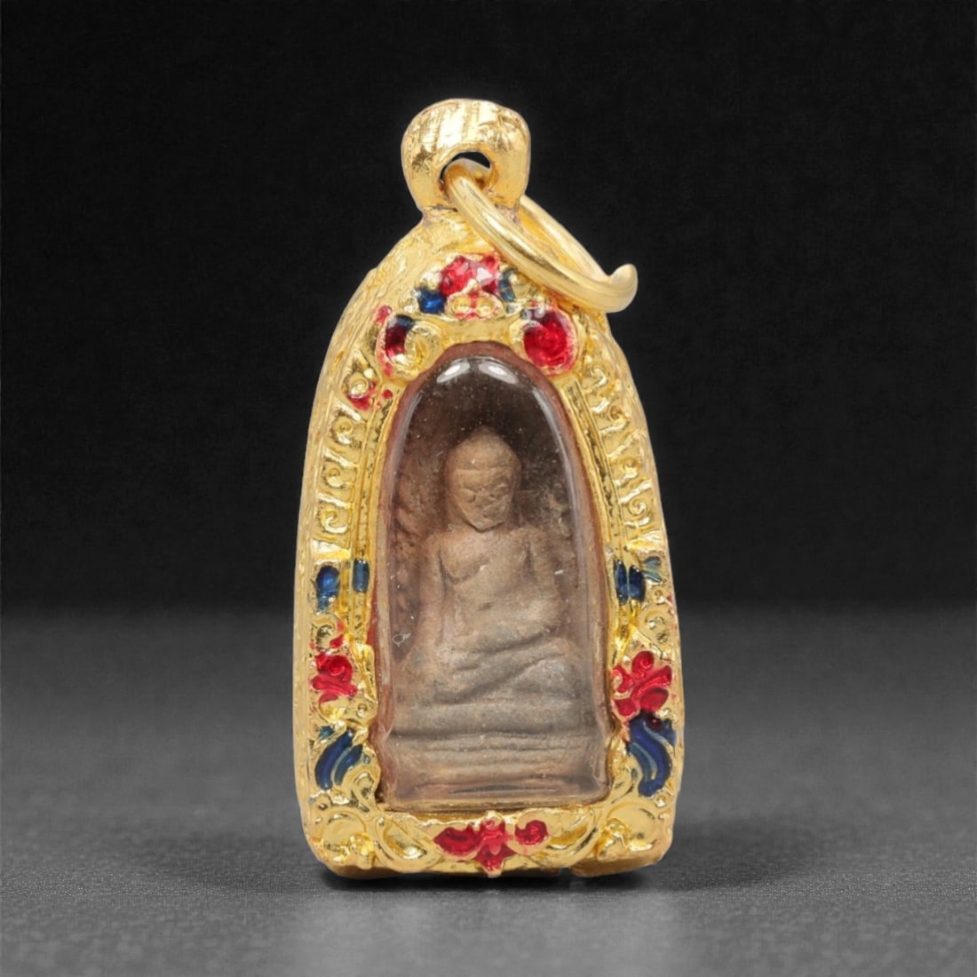 A Thai Clay Monk Amulet in Gilt Metal Enamel Case, 20th Century, 94FN (1 of 2)