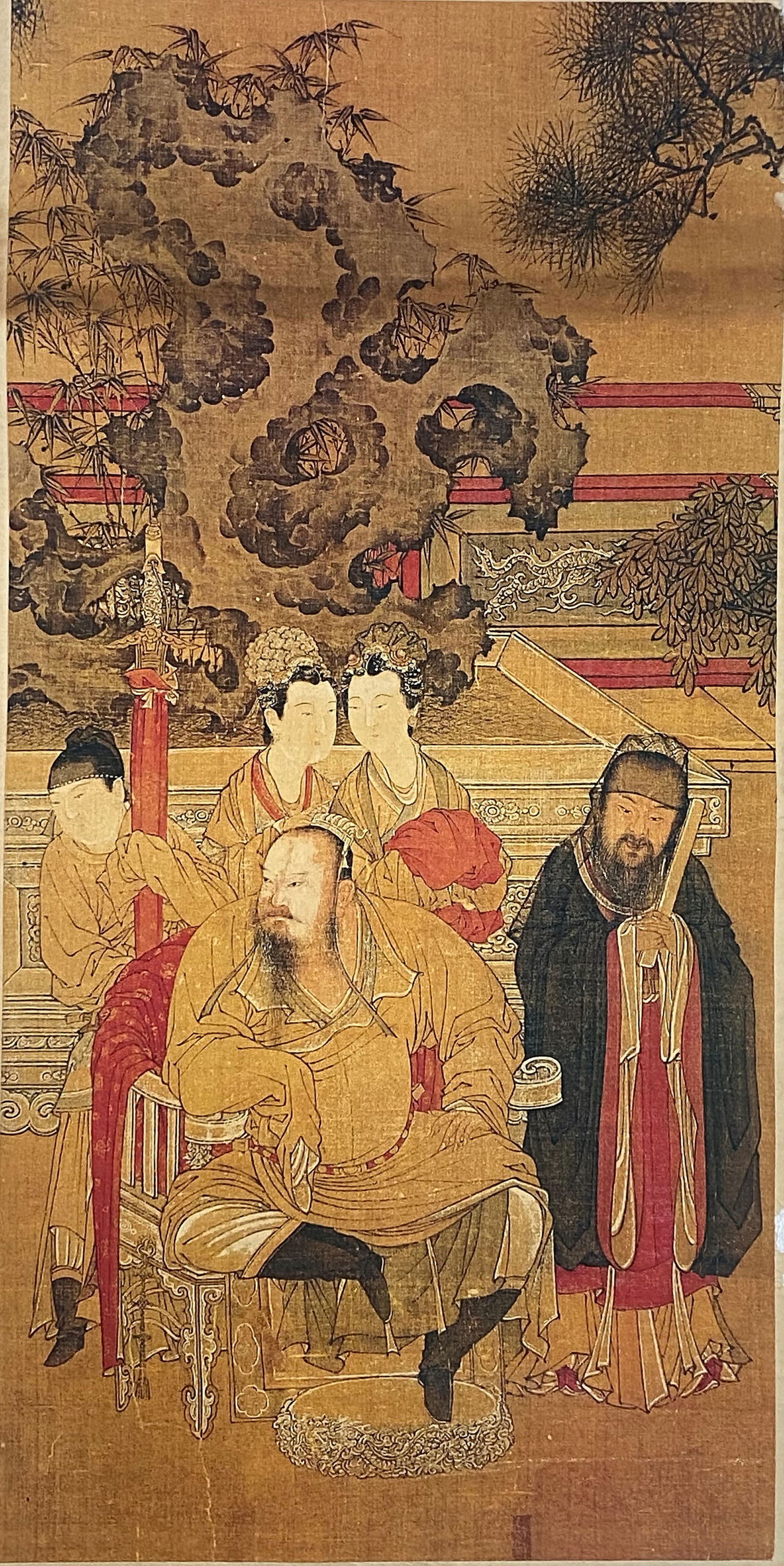 A Chinese Ink and Color Art Print of Imperial Court Figures, 20th Century, 13FK: Produced using fine art printing processes on aged paper stock, the work is an ink and color art print executed in the traditional Chinese historical figure painting idiom. The composition features a
