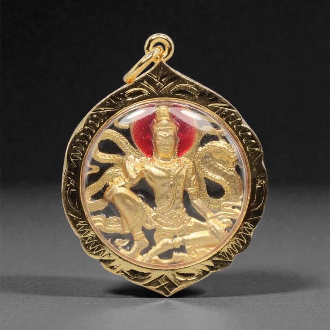 A Thai Gilt Metal Deity Amulet in Gilt Metal Case, 20th Century, 97FN (1 of 2)