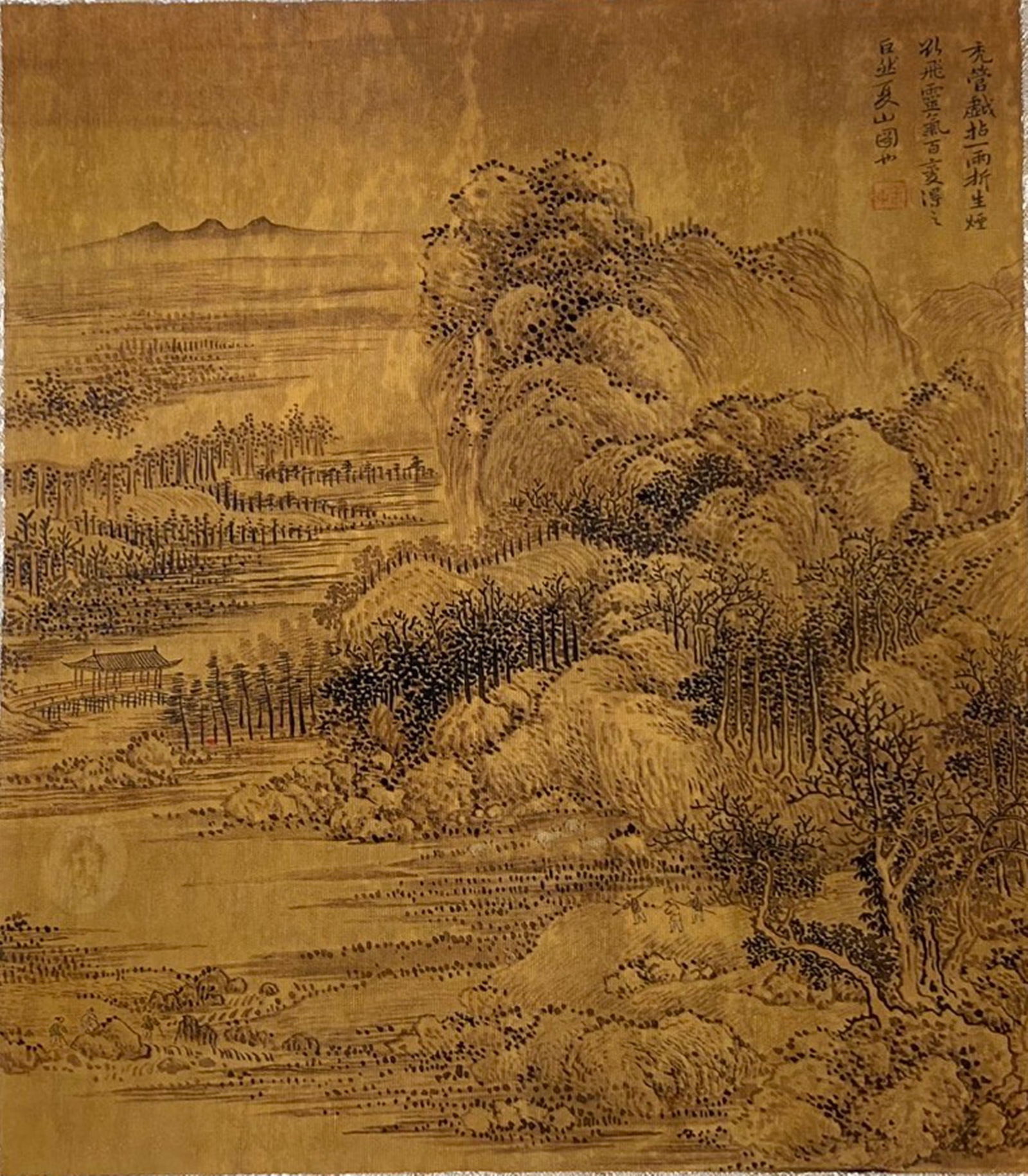 A Chinese Ink and Color Textile Print, Summer Mountains After Juran, 20th Century, 100FJ (1 of 2)