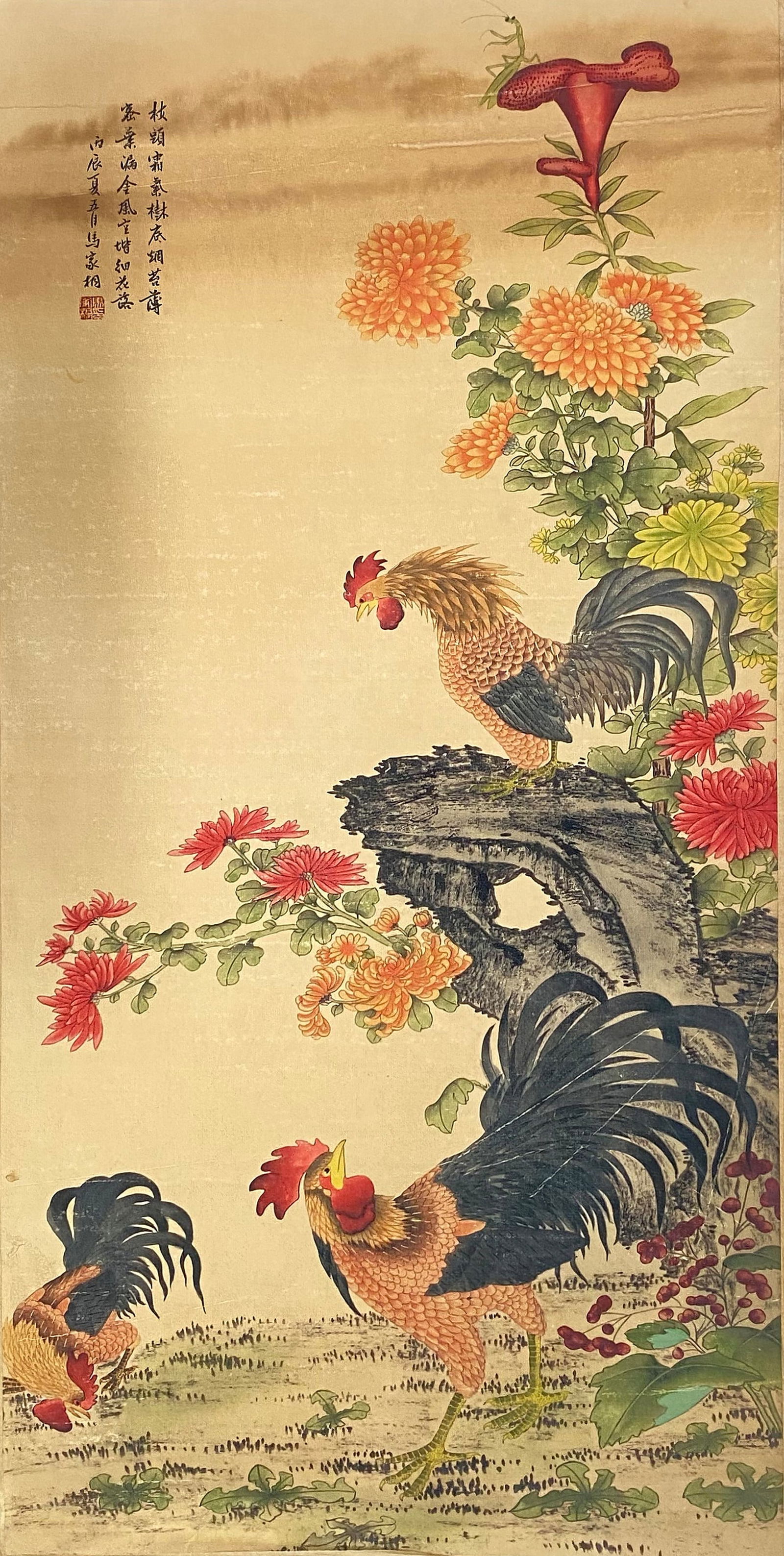A Chinese Ink and Color Art Print of Roosters and Floral Motifs, 20th Century, 25FK (1 of 2)