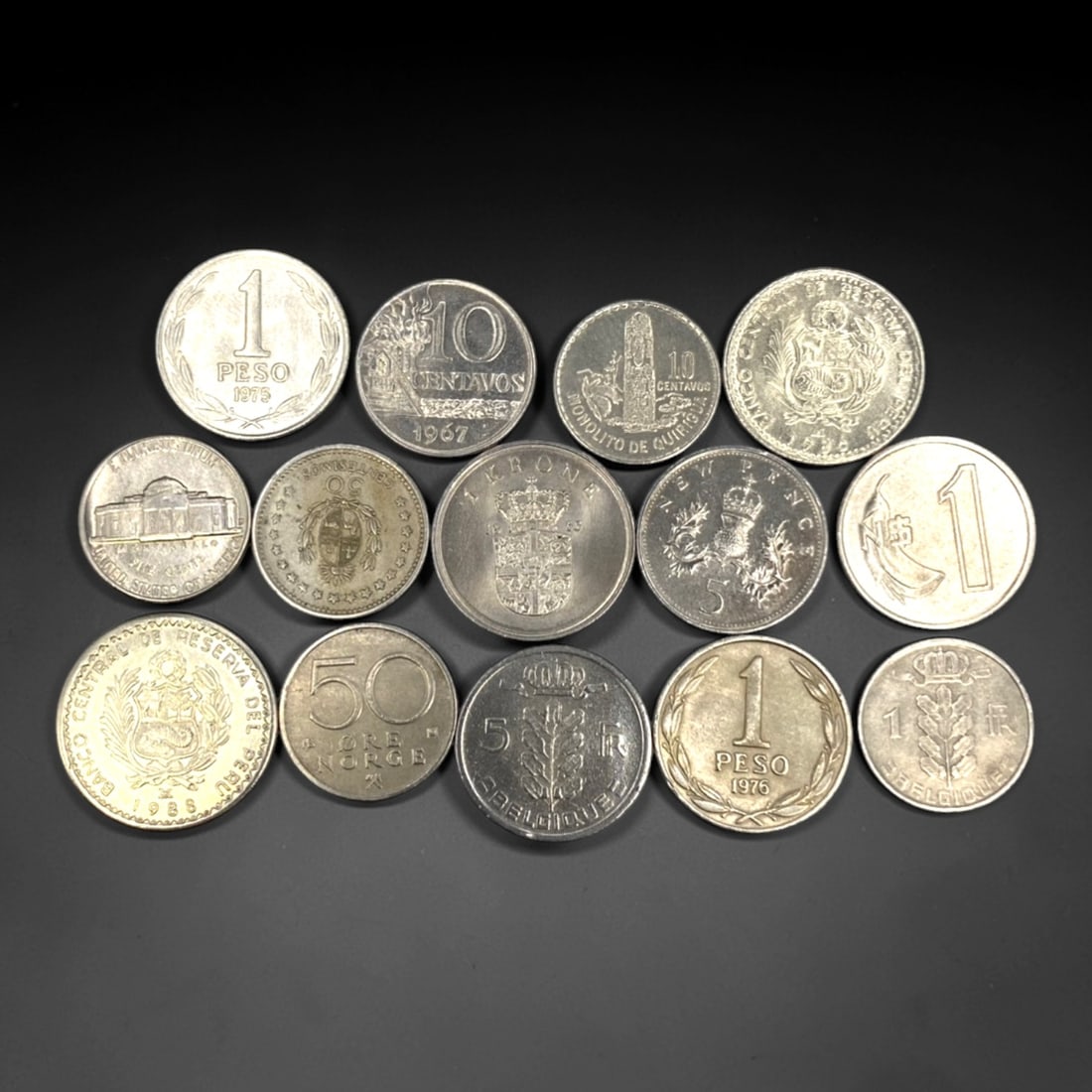 SOUTH AMERICA & SCANDINAVIA: Continental Identity 14 Coins Assortment, 1966-1986, 20-27mm, 35ZJ (1 of 2)
