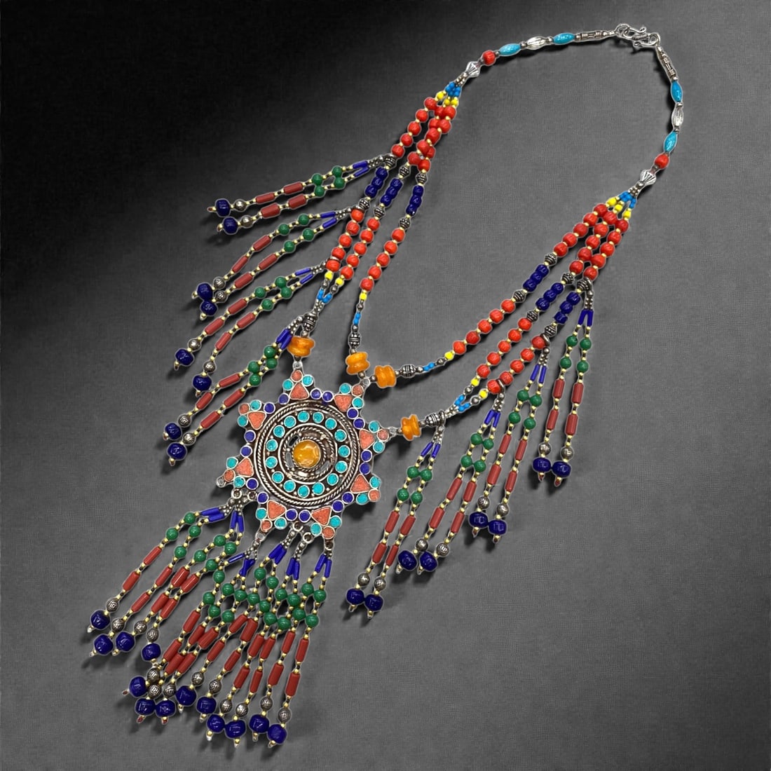 A Vintage Tibetan Composite Hardstone Inlaid Necklace, 255g, 100AA (1 of 1)