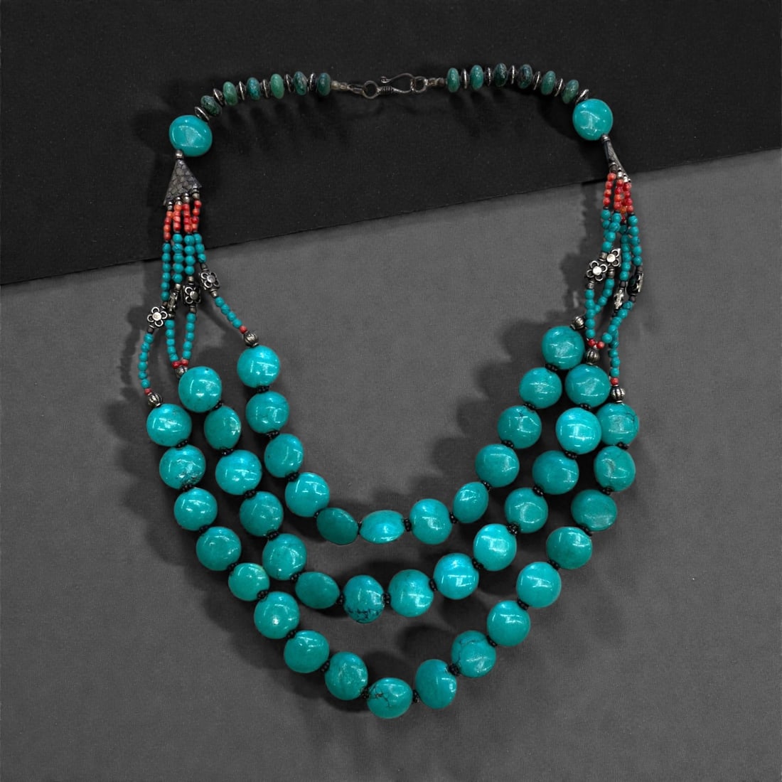 A Tibetan Glass Turquoise-Simulating Multi-Strand Necklace, Mid-20th Century, 119g, 37AA (1 of 1)