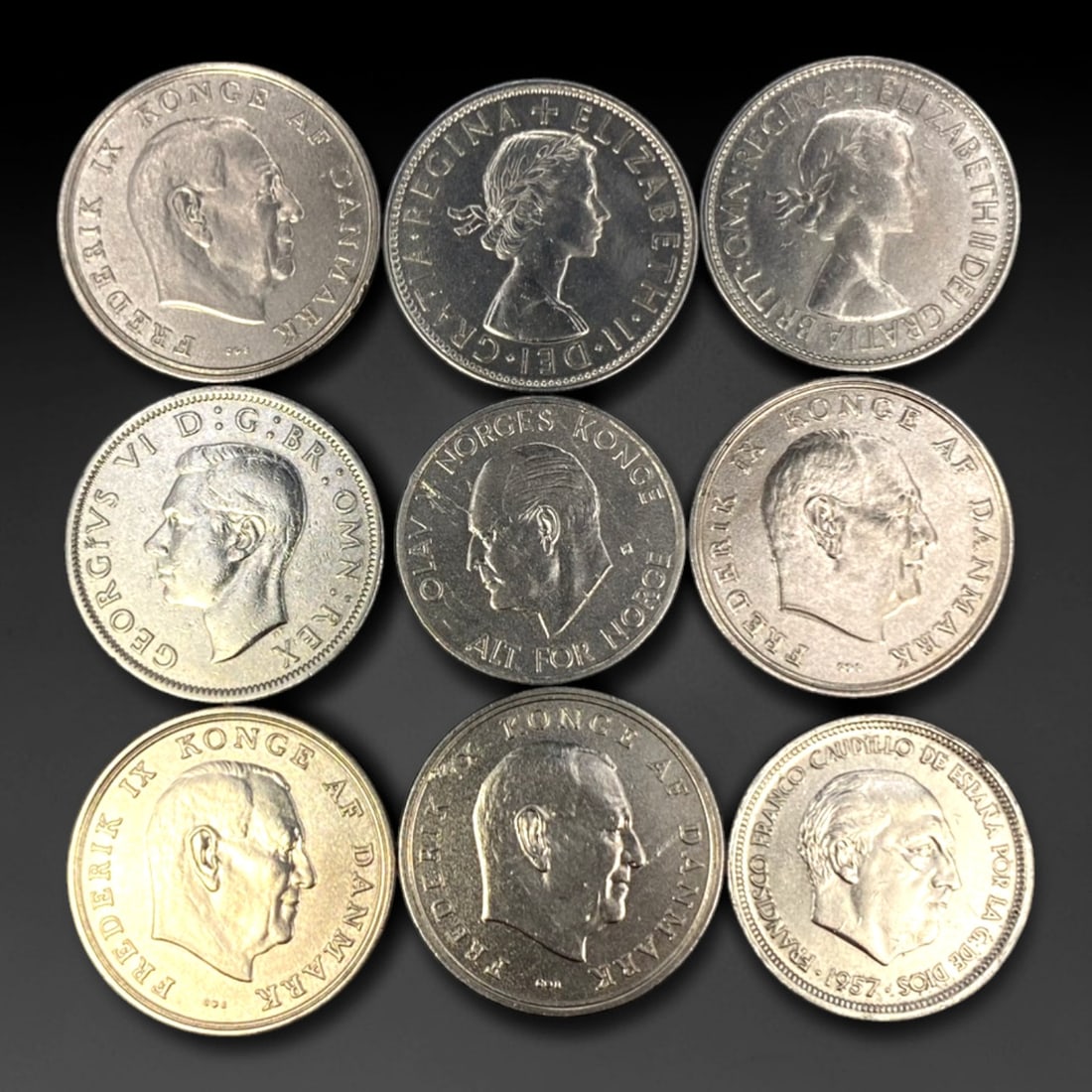 EUROPE: Post-War Monetary Unity - Multi-National 9-Coin Assortment, 1950s-1970s, 30-33mm, 29ZJ (1 of 2)
