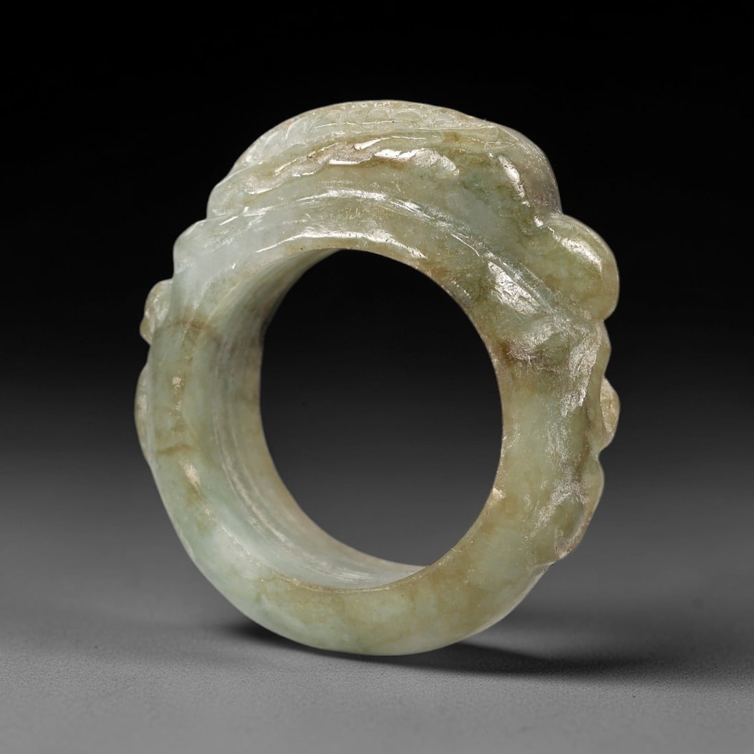 A Chinese Jadeite Jade Mythical Beast-Form Ring, Qing Dynasty, 69FS (1 of 1)