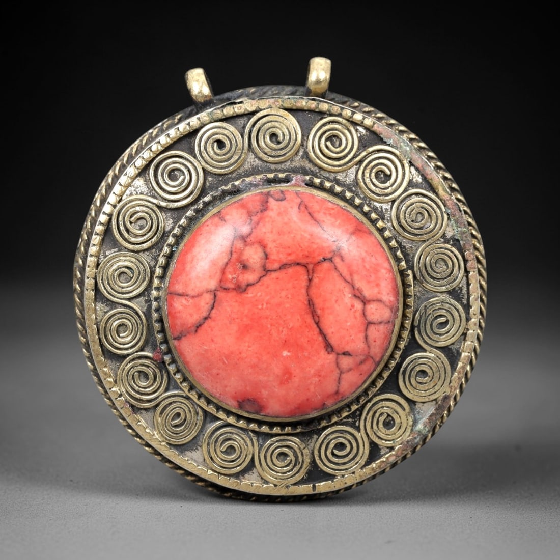 A Tibetan Brass Pendant with Red Stone Inlay, 20th Century, 96XM (1 of 2)