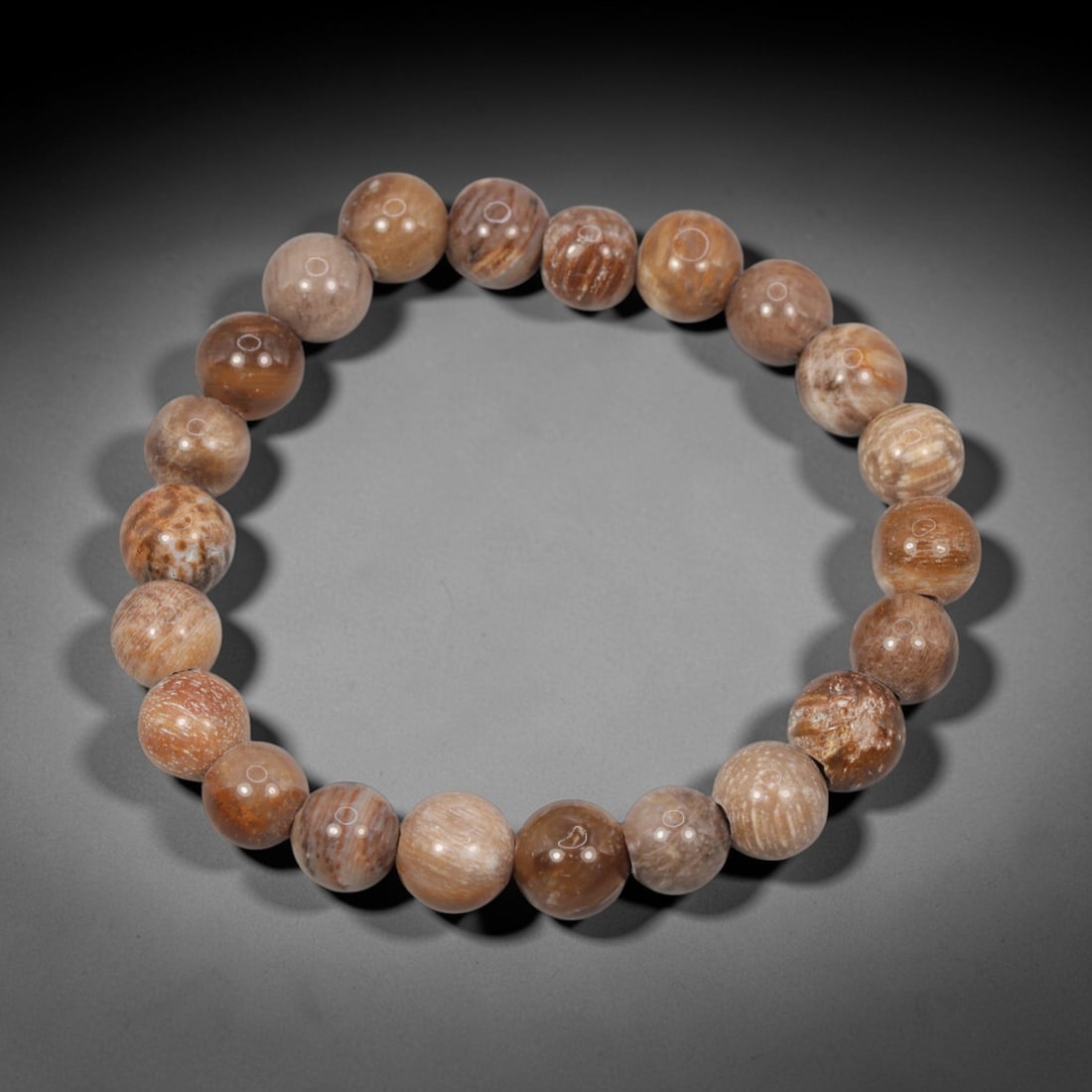 A Chinese Fossilised Wood Bead Bracelet, 20th Century, 53ZK: Composed of a single strand of spherical fossilised wood beads forming a circular bracelet. The beads display natural tonal variation from pale beige to deep brown, with visible linear wood-grain patt