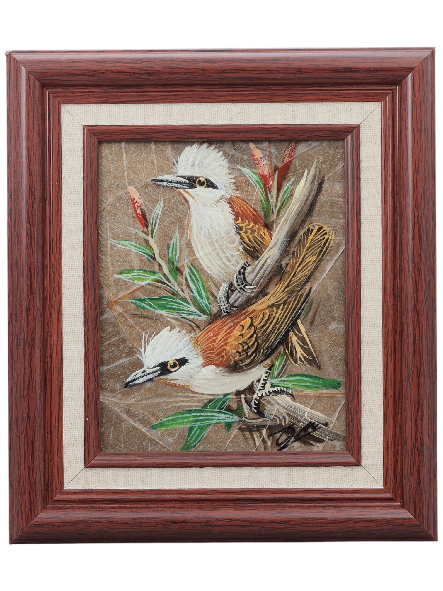 An Australian Mixed Media Painting of Kookaburras, Late 20th Century, 21FL: Executed in oil paint on a background of pressed, dried leaves, the work depicts two kookaburras perched on weathered branches, surrounded by stylized native foliage including emerging bottlebrush flo