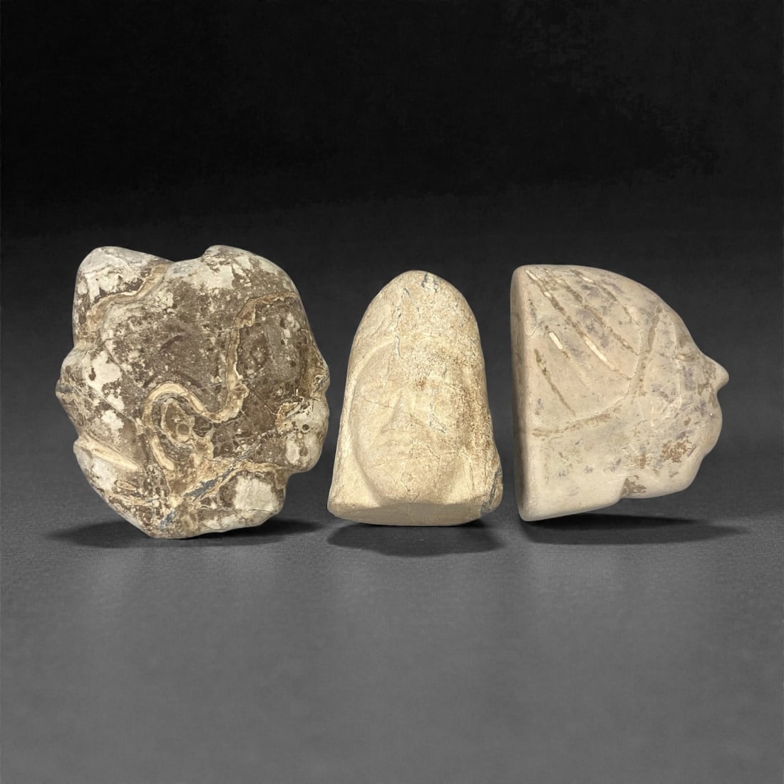 A Group of Three Pre-Columbian Stone Zoomorphic Heads, 10th-15th Century, 98FM: Carved from stone with natural tonal variation, mineral inclusions, and surface wear, the three heads depict zoomorphic and anthropomorphic forms in low to medium relief. The leftmost head is irregula