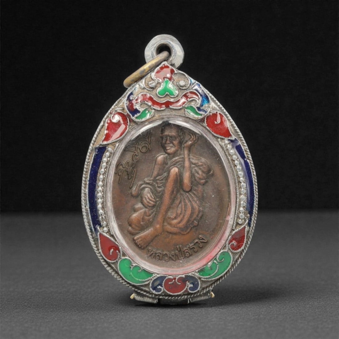 A Thai Monk and Temple Amulet Pendant with Enamel Frame, 20th Century, 12FP (1 of 2)