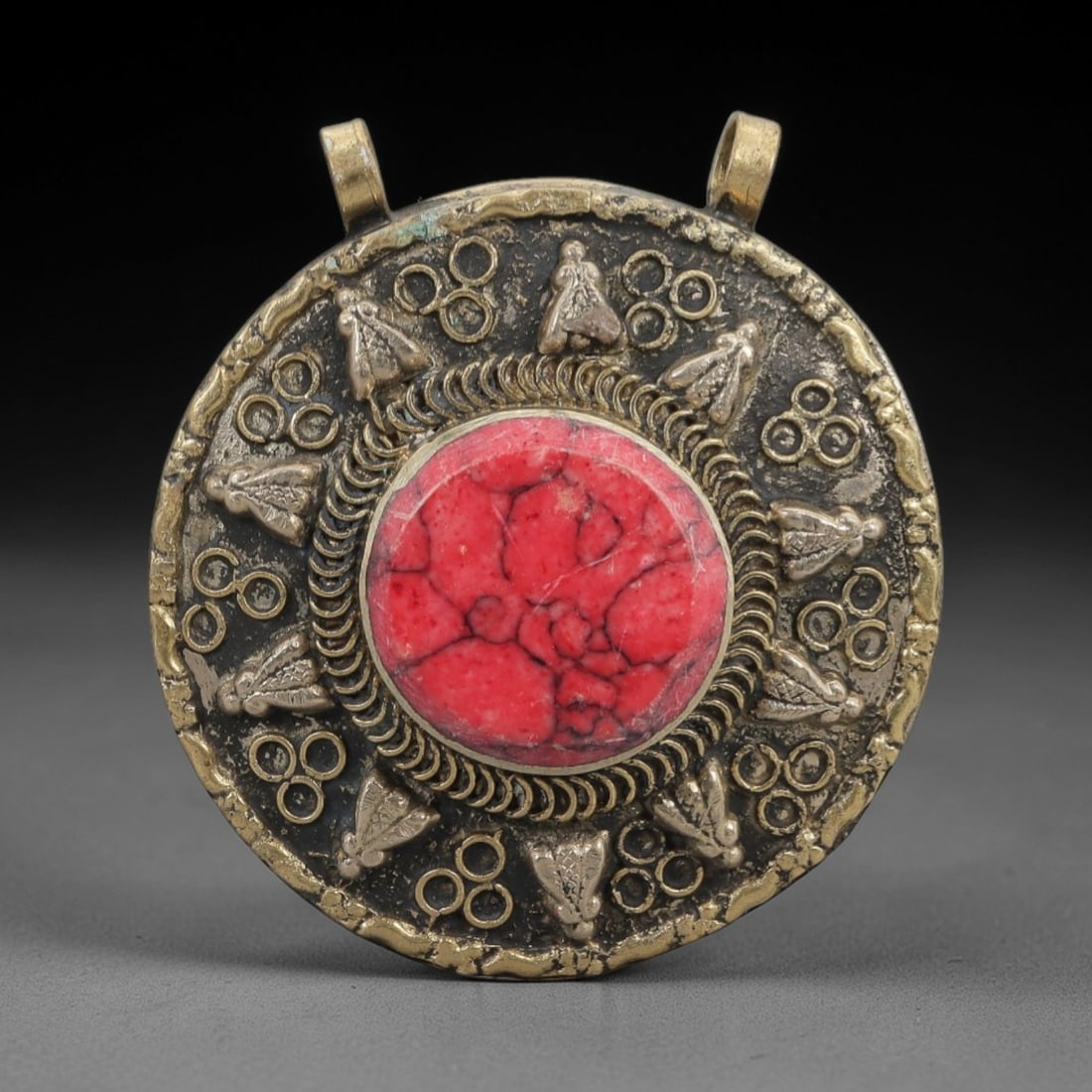A Tibetan Gilt-Metal Filigree and Red Composite Stone Gau Pendant, 20th Century, 91ZL (1 of 2)