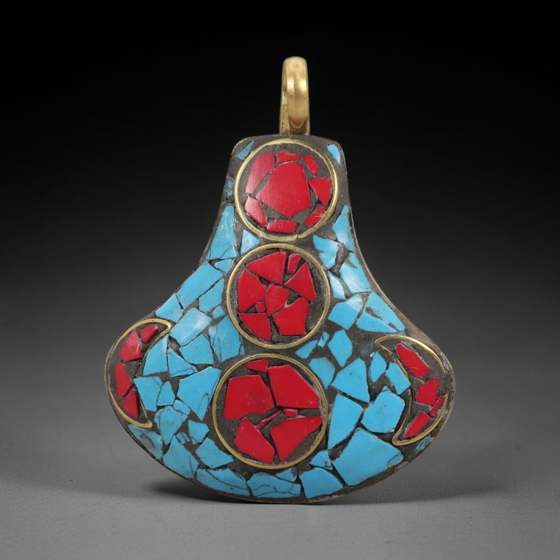 A Tibetan Gilt-Metal, Turquoise and Red Composite Stone Mosaic Gau Pendant, 20th Century, 92ZL (1 of 2)