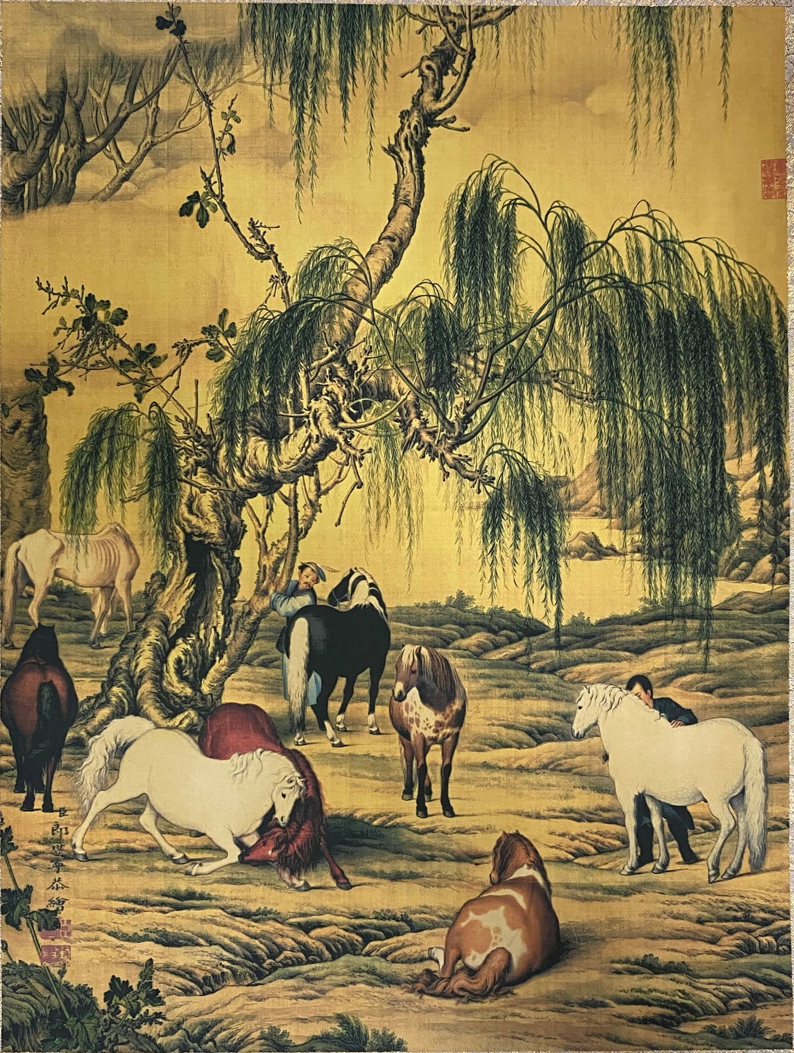 A Chinese Ink and Color Art Print, Horses in a Willow Landscape, 20th Century, 13FV: Printed on a warm, aged silk or paper ground, the composition depicts a pastoral scene centered on a gnarled willow tree with long, drooping branches. Eight horses of varied colors, including white, b
