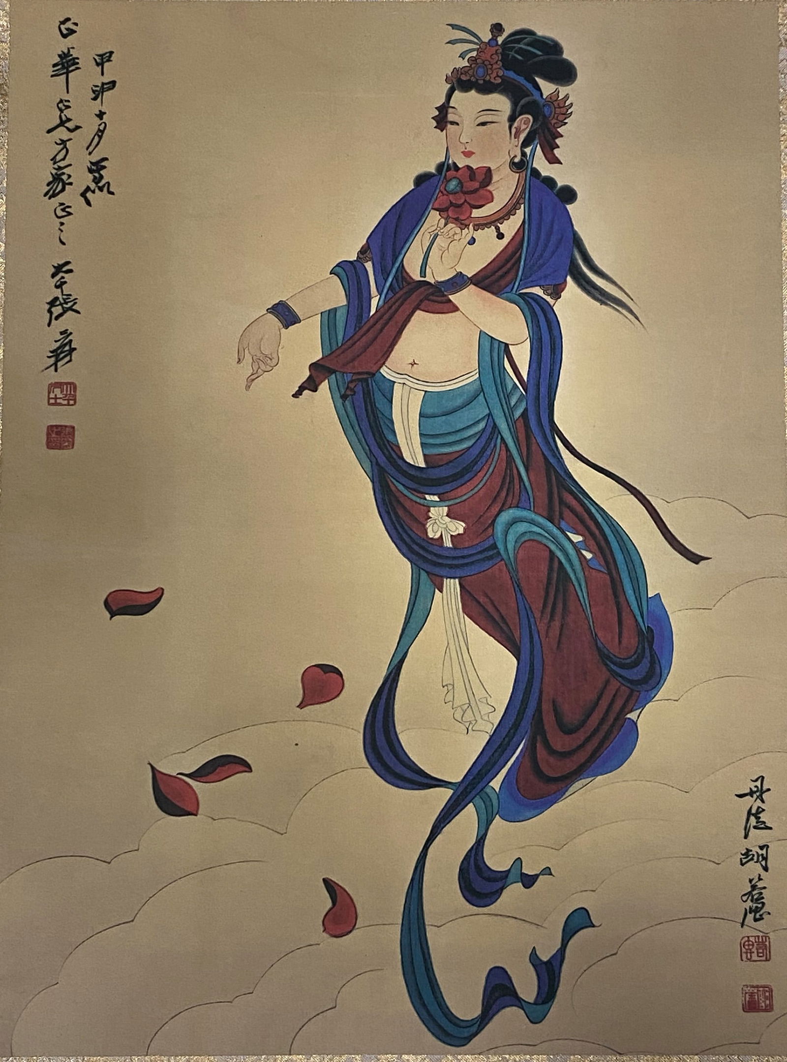 A Chinese Ink and Color Art Print, Bodhisattva on Clouds, 20th Century, 10FV (1 of 2)