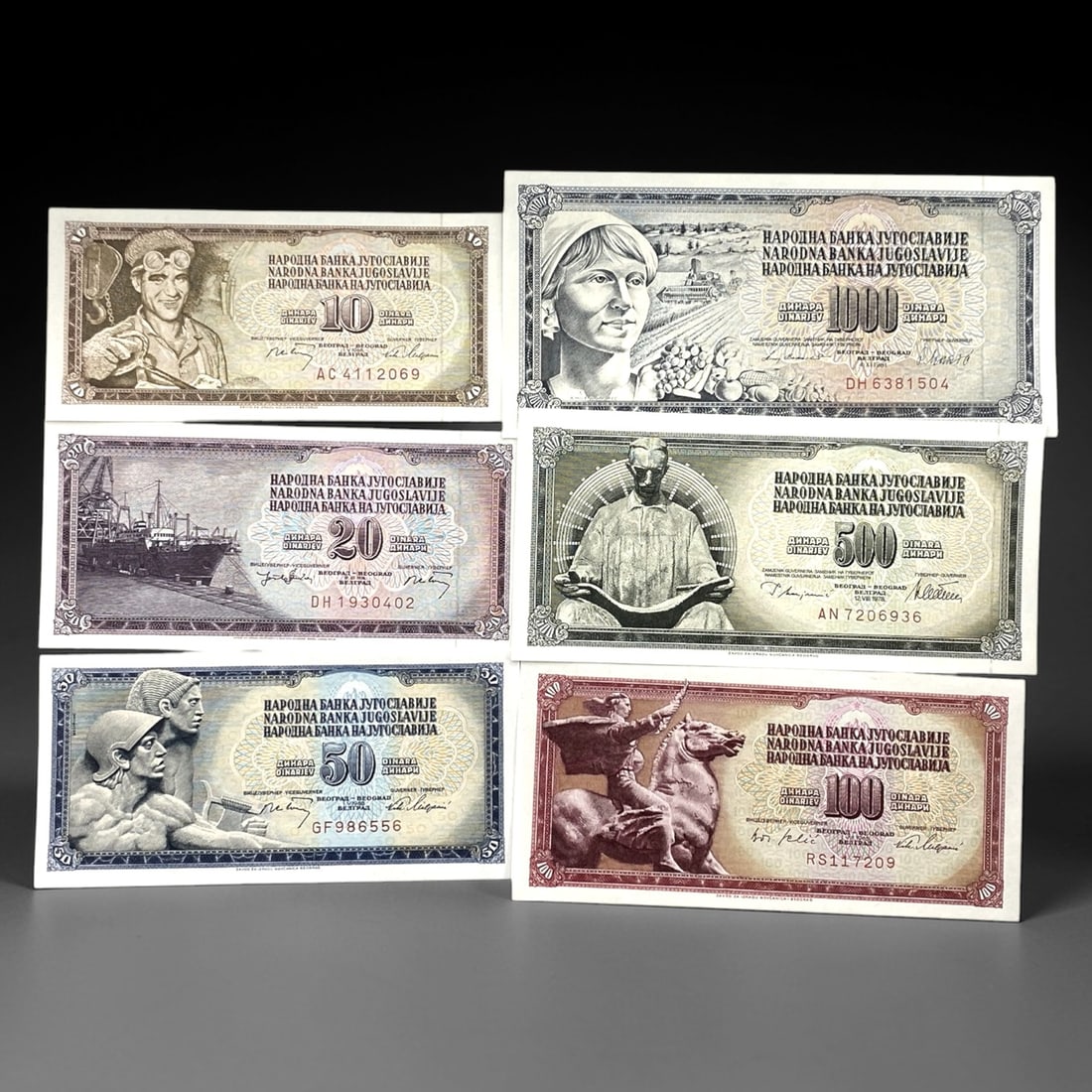 YUGOSLAVIA: Socialist Era - 10, 20, 50, 100, 500, 1000 Dinara Banknote Set, 1968-1970, 93ZJ (1 of 2)