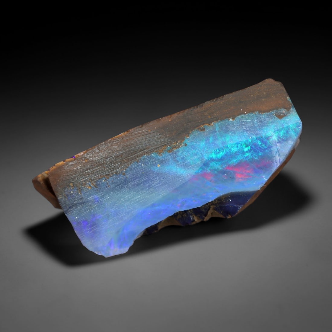10.66 Carats Iridescent Blue-Pink Winton Opal Rough - Natural Australian Specimen 24x10mm, 83XM: This striking rough opal from Winton, Australia, showcases a vivid play of color, with intense flashes of electric blue and soft, ethereal pink swirling through a milky, translucent base. The natural,