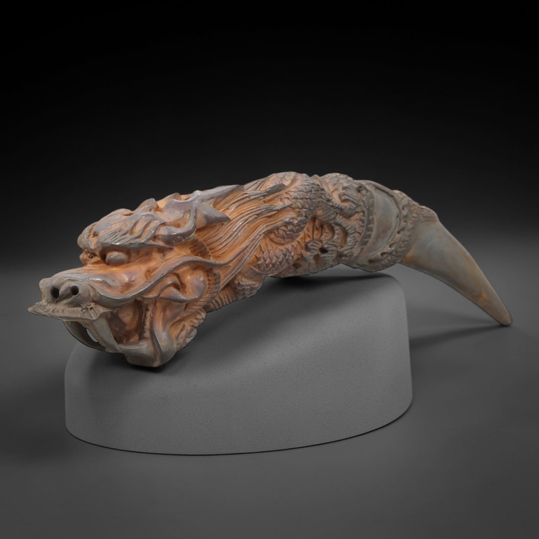 A Chinese Horn or Bone Dragon-Form Fang-Shaped Pendant, 20th Century, 81FV: Carved from horn or bone with a naturally aged, patinated surface and subtle tonal variations, the object is shaped as a fang, with the proximal end carved as a dragon head and the distal end tapering