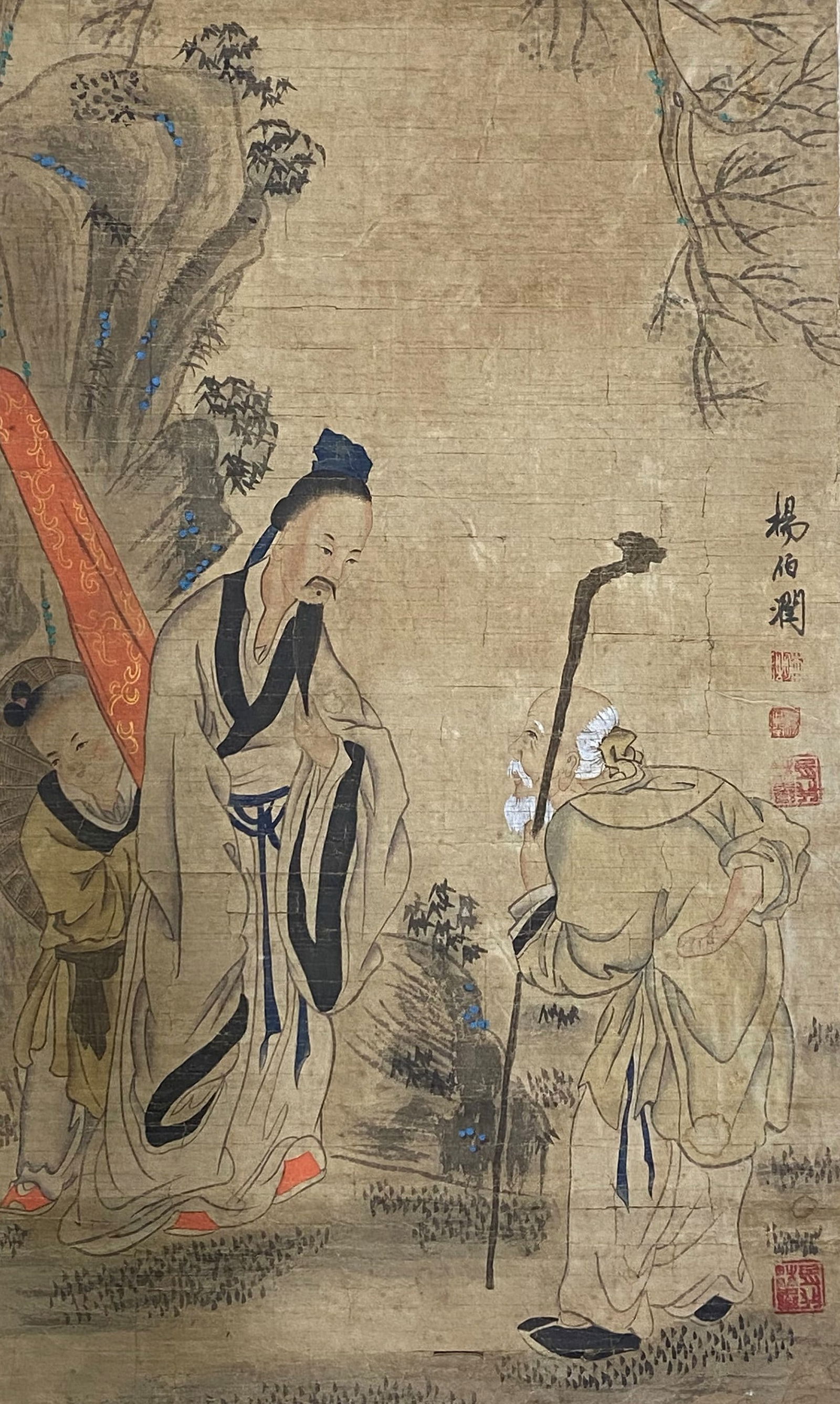 A Chinese Ink and Color Art Print, Scholars Meeting in a Landscape, 20th Century, 24FV: Printed on a paper ground mounted on linen or textile, the composition depicts a scholarly encounter in a natural landscape. A young scholar in flowing white robes with black and blue trim stands at t
