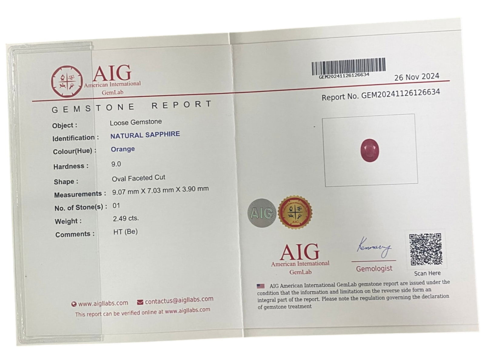 2.49 Carats Certified Vivid Orange Sapphire - Natural Ceylon Gemstone, LZ112: This luminous 2.49 carat oval faceted sapphire radiates a vivid, warm orange hue, evoking the glow of a tropical sunset and offering a vibrant alternative to traditional gemstone colors. The precision