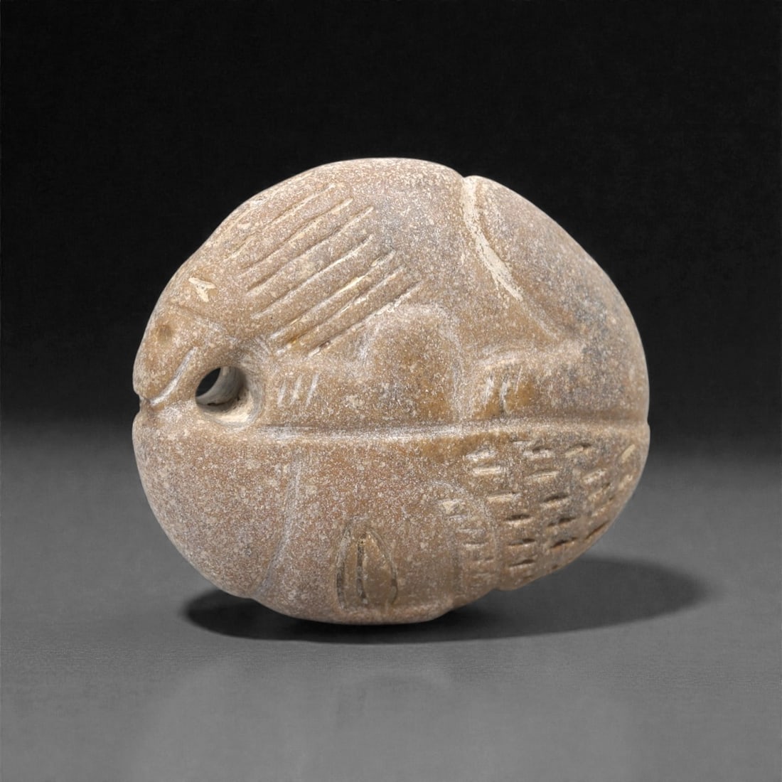 An Ancient Near Eastern Stone Zoomorphic Amulet, 3rd-1st Millennium BCE, 62FL: Carved from light brown stone with a granular, weathered surface, the amulet is formed as a compact, rounded disk. A zoomorphic head, likely that of a bird or quadruped, is carved in relief at one end