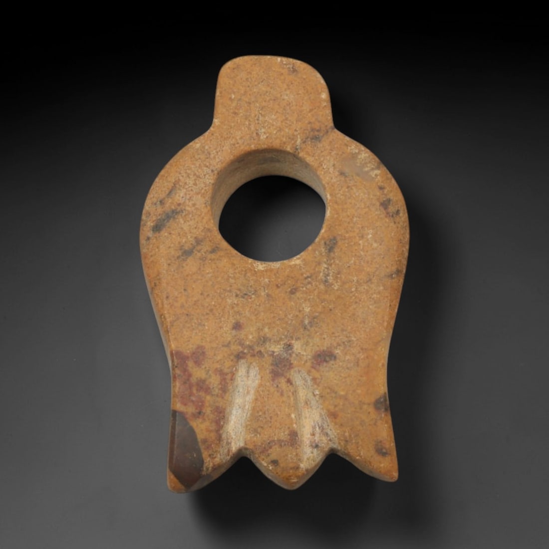 Ancient Tan Stone Bird-Form Pendant - Near Eastern Ritual Amulet, 91XP: Carved from a warm, earthy tan stone with natural reddish-brown inclusions, this pendant takes the stylized form of a bird, a powerful motif in ancient Near Eastern ritual art associated with divine m