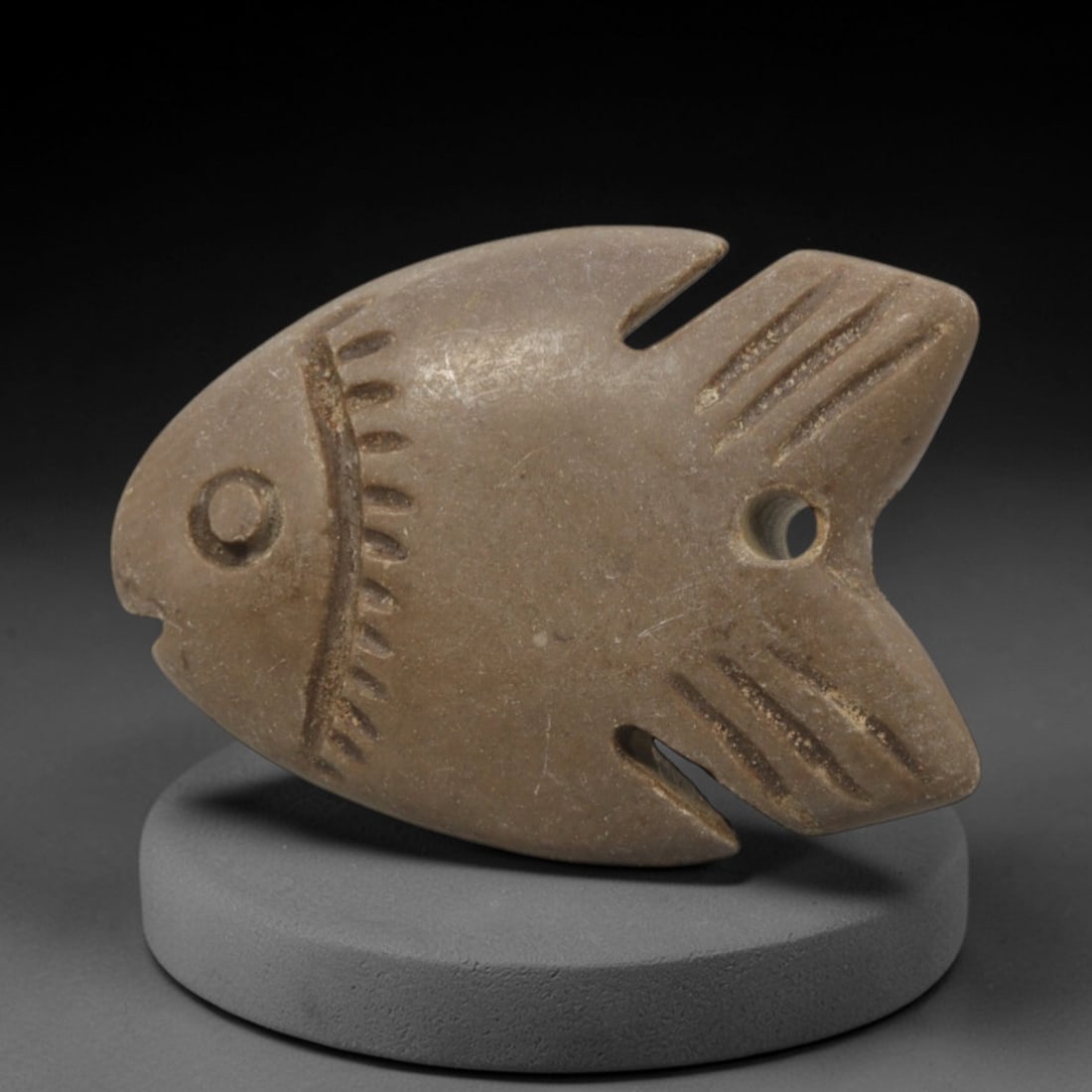 Ancient Stone Fish Amulet - Egyptian Animal Pendant, 100XQ: This amulet is carved from a smooth, light tan stone, shaped into a stylized fish form with a perforated suspension hole near the tail, confirming its use as a wearable protective charm. The body is r