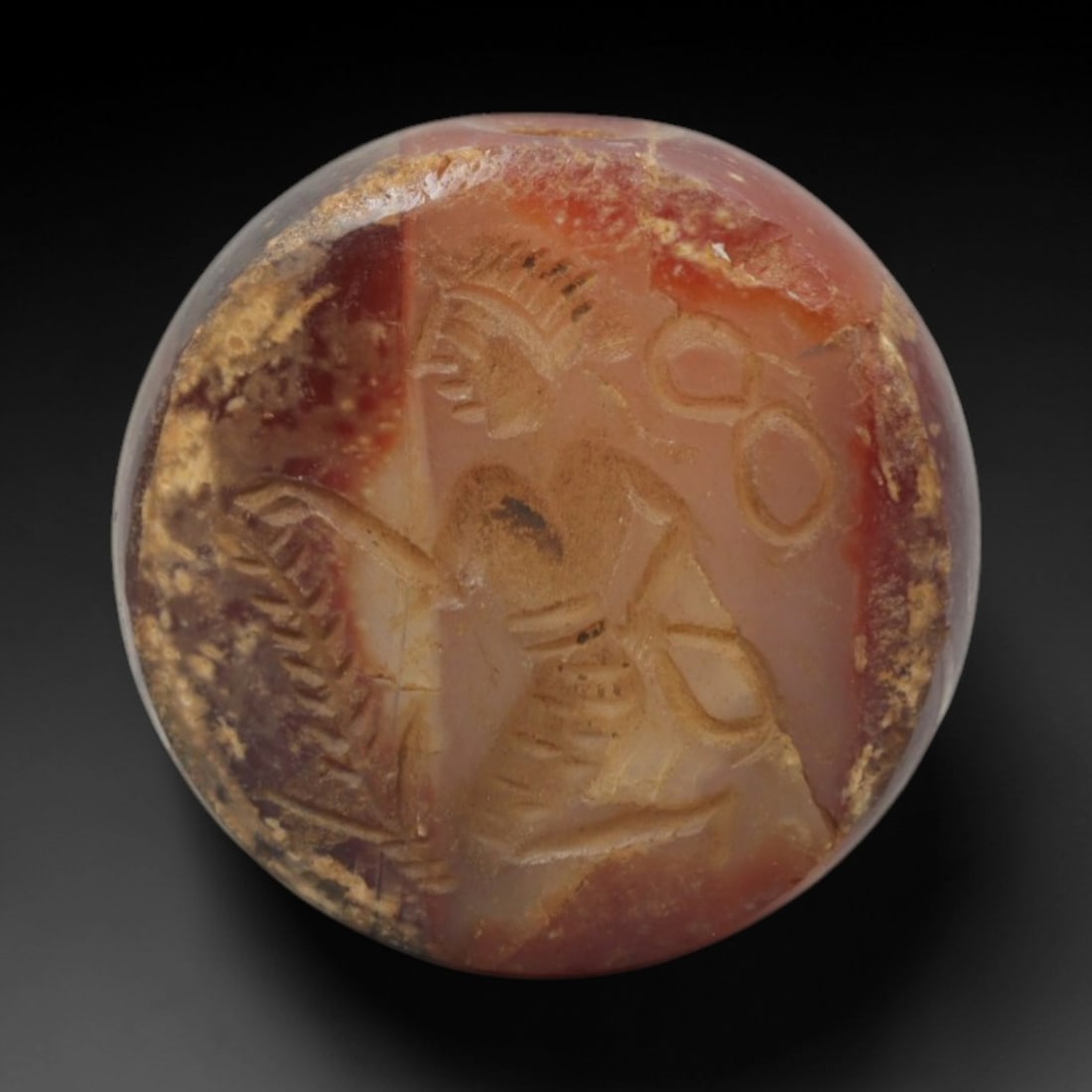 Ancient Agate Hemispherical Stamp Seal - Near Eastern Carved Bead, 1ZQ: Carved from agate stone, this ancient Near Eastern hemispherical stamp seal features raised relief figural and geometric motifs on the convex surface, typical of small administrative or ritual beads f