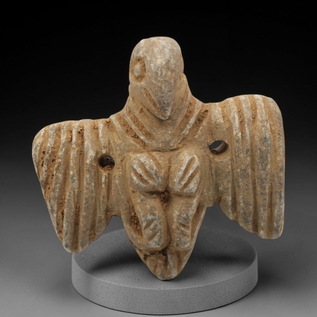 Ancient Schist Vulture Amulet - Near Eastern Carved Figurine, 25ZQ: Carved from schist, this ancient Near Eastern vulture amulet features a stylized avian form with detailed facial and body motifs, typical of early Near Eastern artistic traditions. The carving exhibit