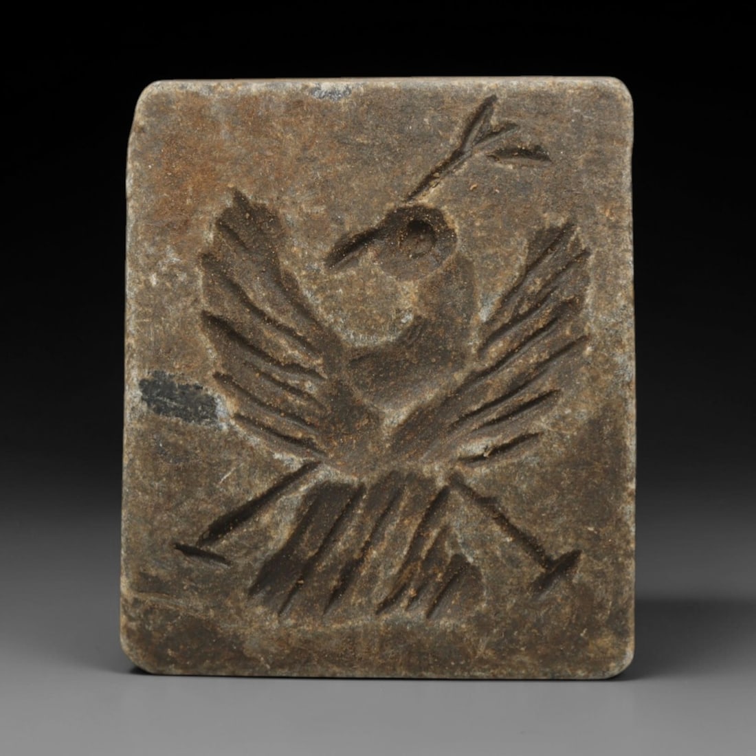 Ancient Steatite Double Convex Stamp Seal - Bird Motif, 17ZQ: Carved from steatite, this double convex stamp seal features a stylized bird with incised linear detailing on one face and a geometric-patterned human figure on the reverse. The stone exhibits a soft,