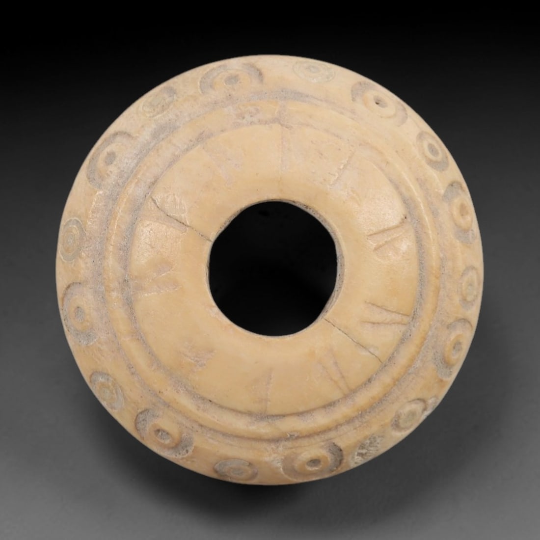 Ancient Bone Spindle Whorl - Near Eastern Radiating Lines, 64XR (1 of 2)