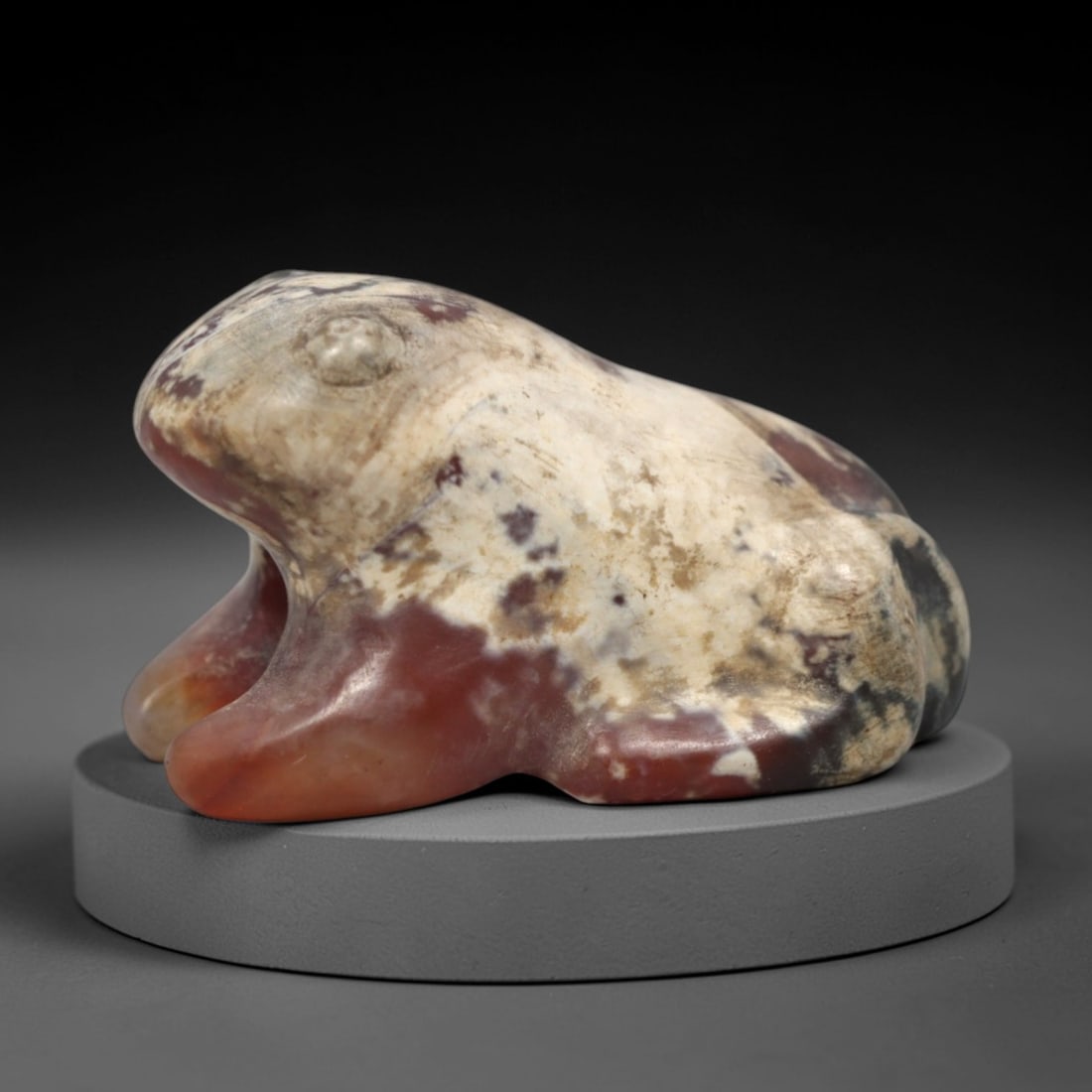 Ancient Carnelian Frog - Egyptian Amulet Figurine, 57XS: Crafted from variegated carnelian with natural white and russet patination, this amulet takes the form of a crouching frog, rendered in smooth, rounded contours typical of ancient Egyptian or Near Eas
