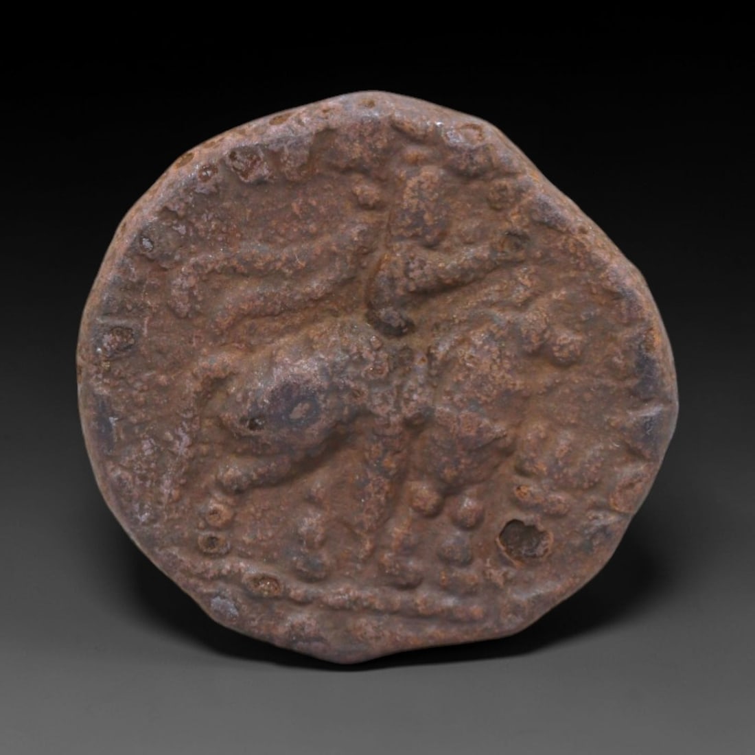 Kushan Empire Vima Takto - Imperial Authority Tetradrachm Coin, 80-100, 20mm, 26XS: A rare surviving example of Kushan imperial numismatics, this bronze Tetradrachm, minted between 80-100 CE under Emperor Vima Takto (Oohmo Taktoo), embodies the power and cultural fusion of one of anc