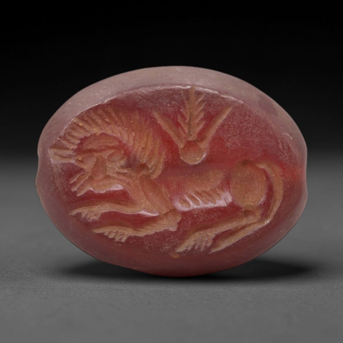 Ancient Carnelian Intaglio - Near Eastern Lion Amulet, 17XV: Carved from carnelian, this oval intaglio amulet depicts a striding lion in profile, rendered with incised lines defining its mane, musculature, and dynamic posture, alongside a stylized plant motif a