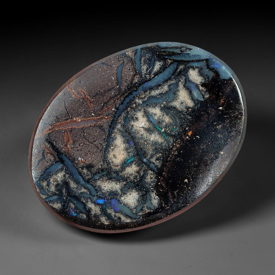 3.28 Carats Koroit Yowah Opal Cabochon - Natural Australian Single Stone, 88XL: This distinctive Koroit Yowah opal cabochon, calibrated to 12.2x9.1mm, features a dramatic tonal matrix of deep jet black and earthy chocolate brown, interwoven with striking veins of milky white and