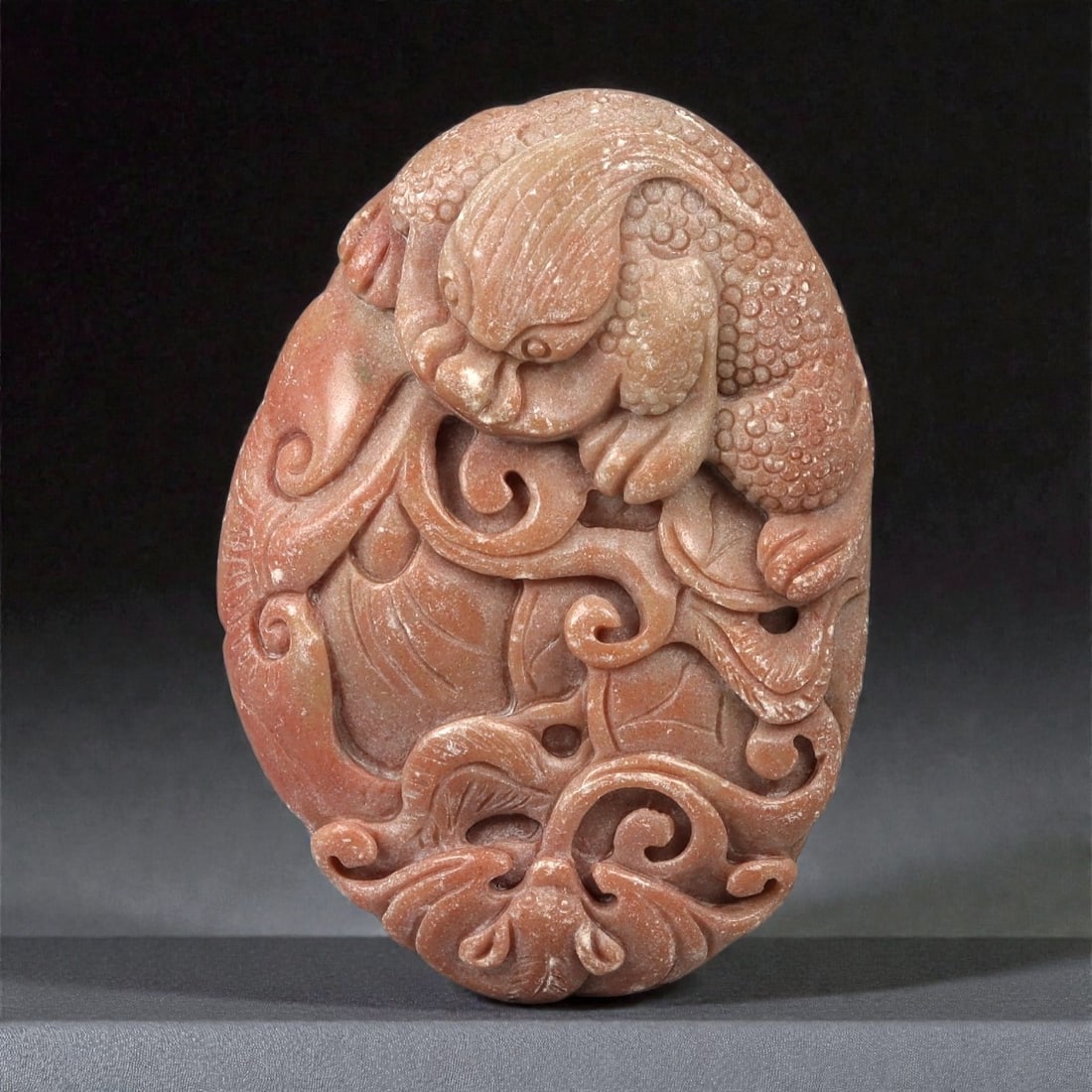 A Chinese Hardstone Plaque Carved with a Mythical Beast and Scrollwork, 20th Century, 3FD (1 of 2)