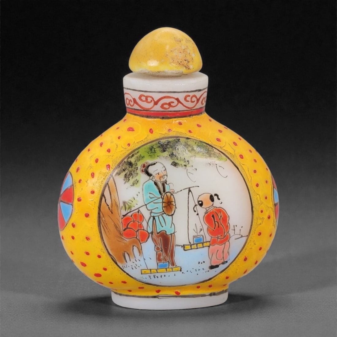 A Chinese Painted Glass Snuff Bottle, 20th Century, Guyuexuan Mark, 8FG: The bottle is formed from opaque white glass and overlaid with polychrome enamels. The exterior is covered with a bright yellow enamel ground, decorated with scattered red dot motifs. Each main face i